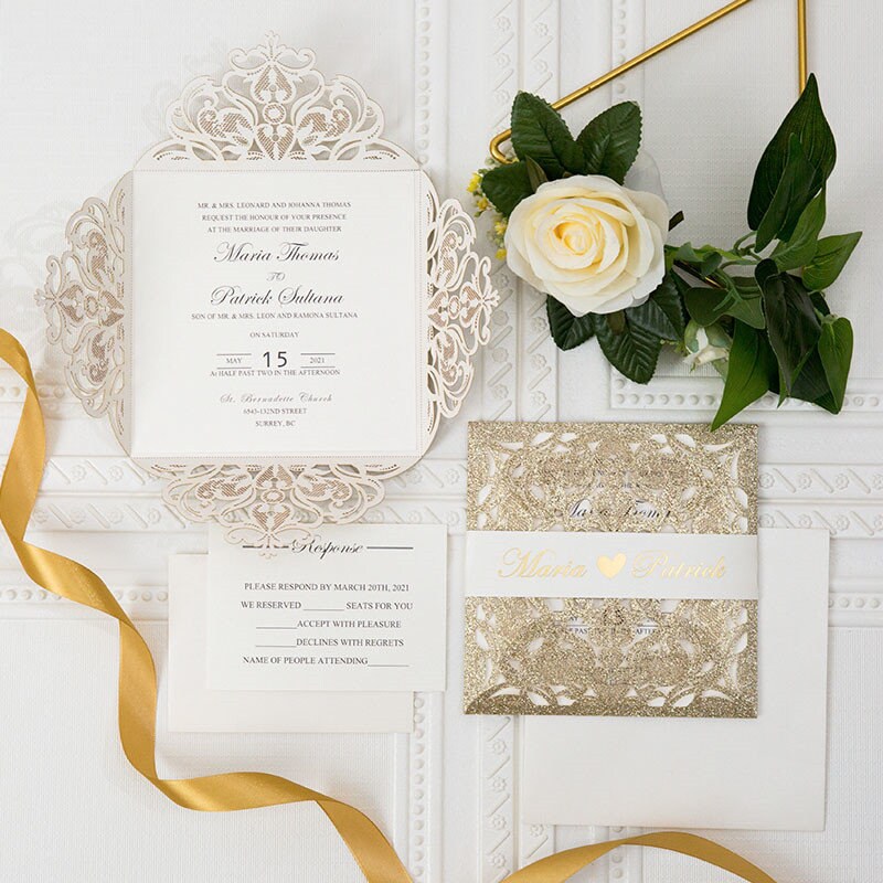 Gold Glitter Laser Cut Wedding Invitation, Ivory Shimmer Suite thumbnail 2