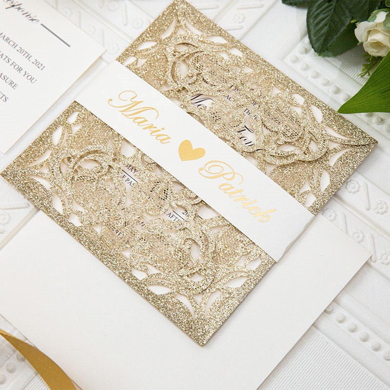 Gold Glitter Laser Cut Wedding Invitation, Ivory Shimmer Suite thumbnail 3