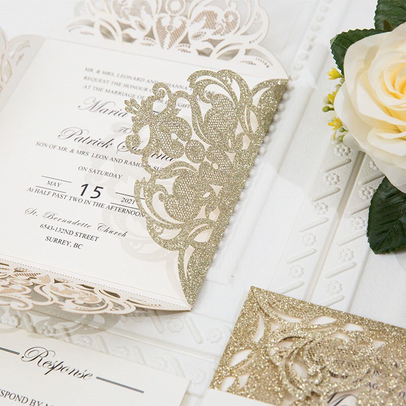 Gold Glitter Laser Cut Wedding Invitation, Ivory Shimmer Suite thumbnail 4