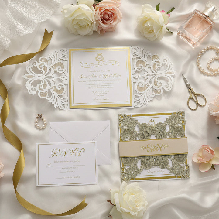 Gold Foil & Gold Glitter Sparkle Lasercut Wedding Invitation with Vellum Bellyband Detailing image 1