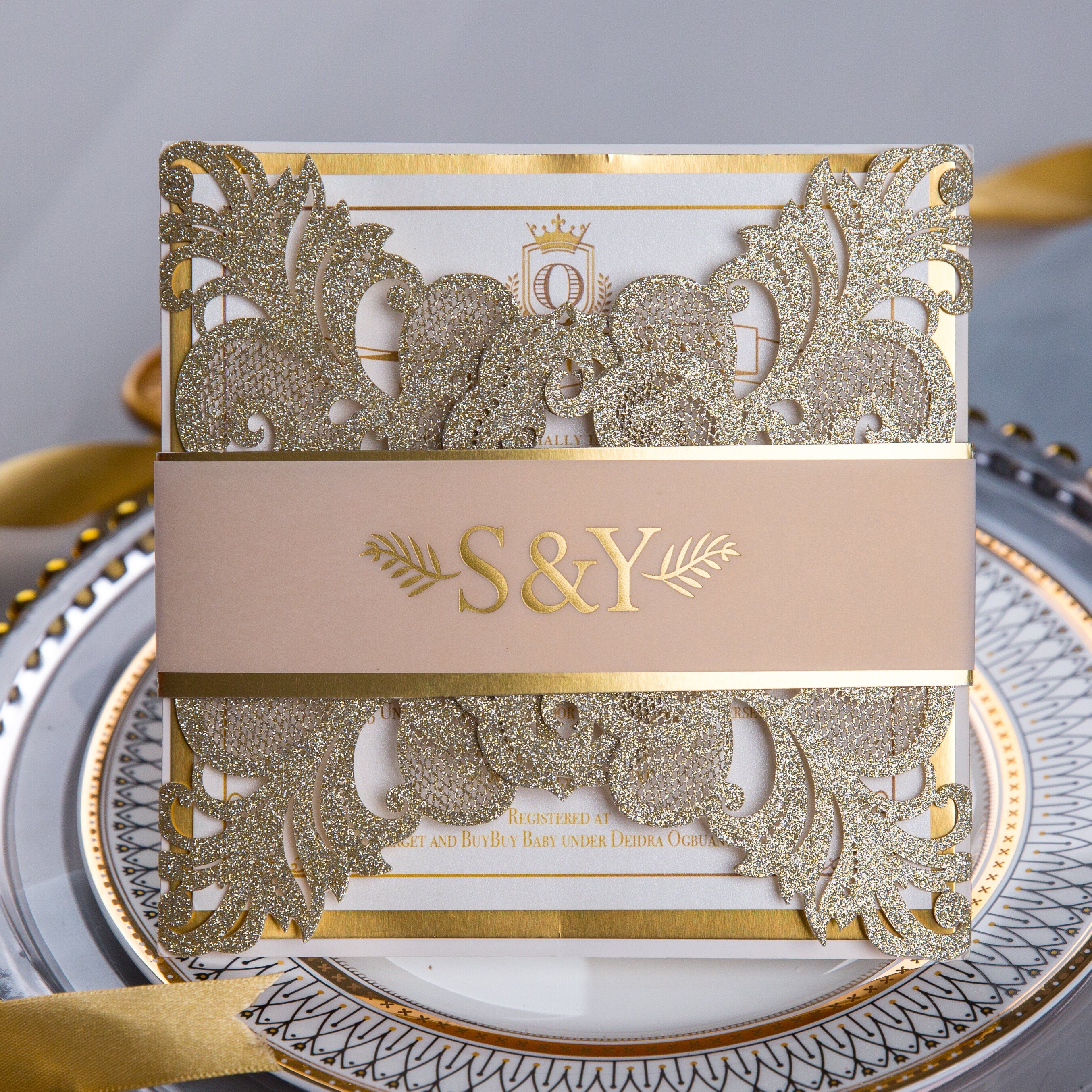 Gold Foil & Gold Glitter Sparkle Lasercut Wedding Invitation with Vellum Bellyband Detailing thumbnail 2