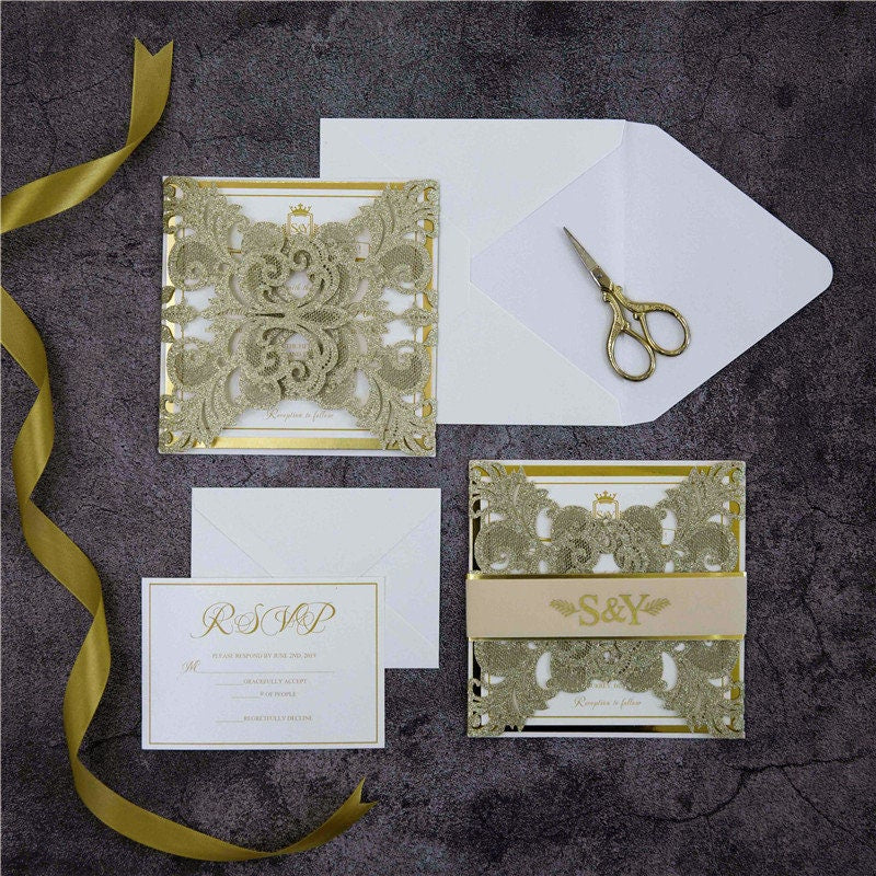 Gold Foil & Gold Glitter Sparkle Lasercut Wedding Invitation with Vellum Bellyband Detailing thumbnail 3