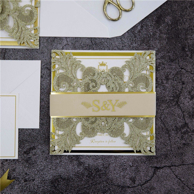 Gold Foil & Gold Glitter Sparkle Lasercut Wedding Invitation with Vellum Bellyband Detailing thumbnail 4