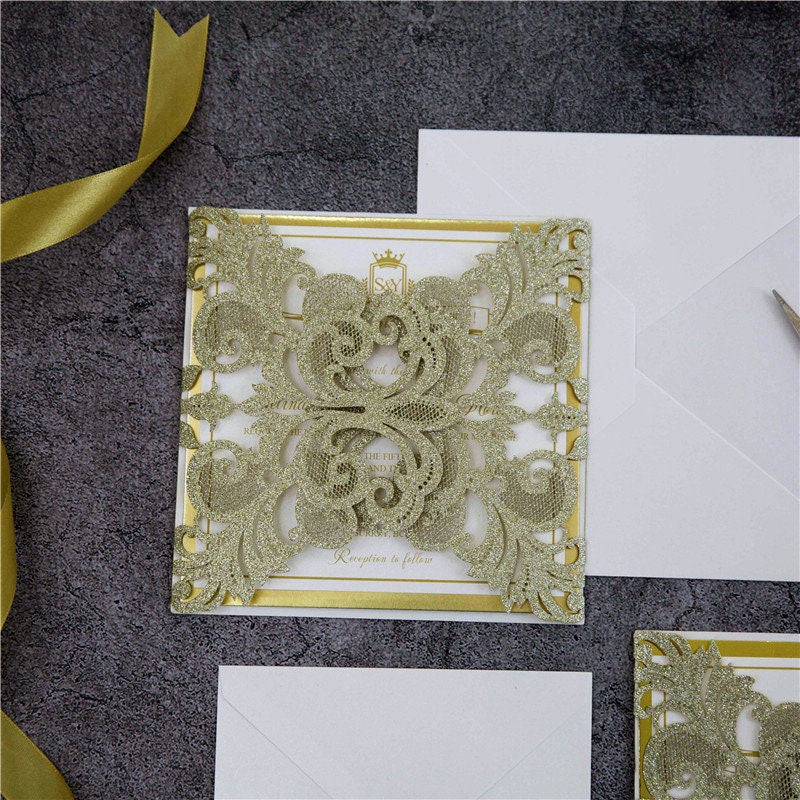 Gold Foil & Gold Glitter Sparkle Lasercut Wedding Invitation with Vellum Bellyband Detailing thumbnail 5