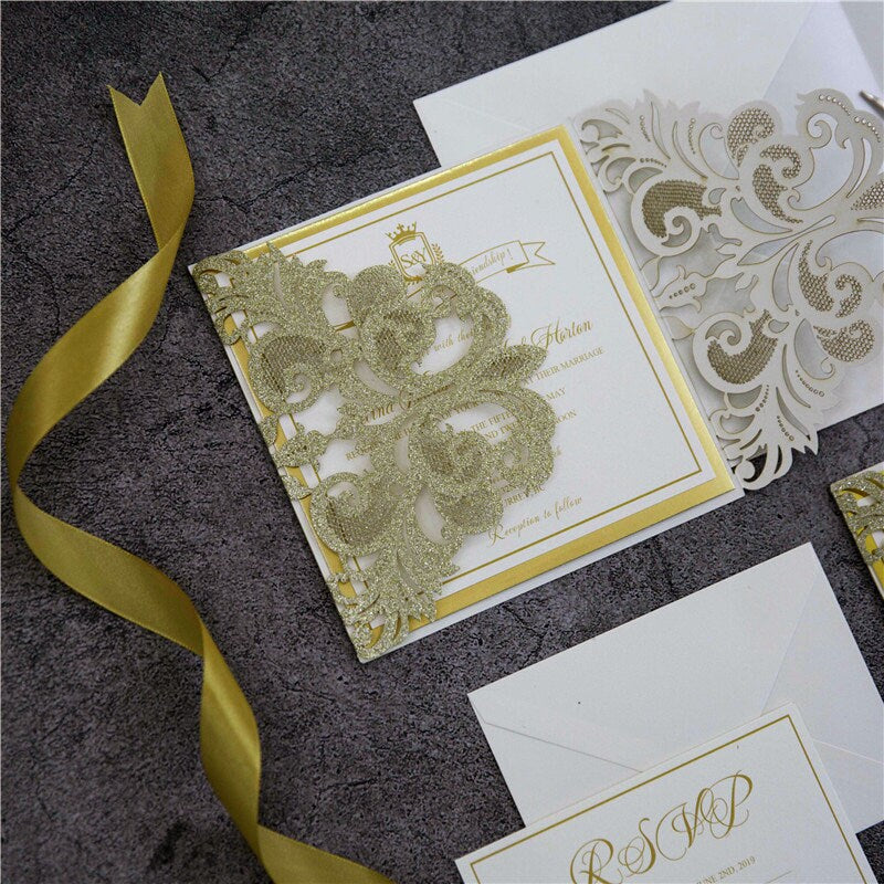 Gold Foil & Gold Glitter Sparkle Lasercut Wedding Invitation with Vellum Bellyband Detailing thumbnail 6