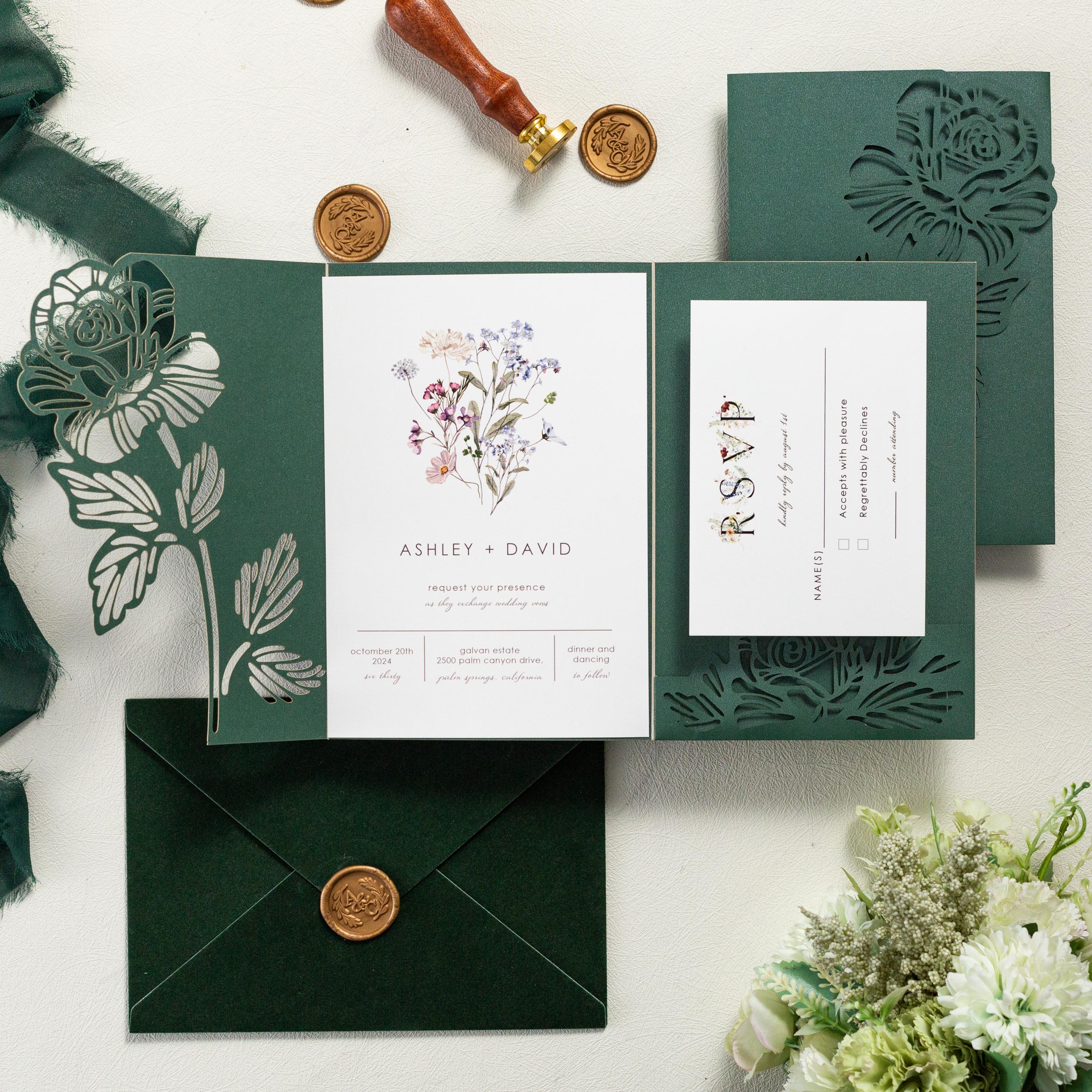 Floral Lasercut Pocketfold Wedding Invitation with Matching Inserts & Personalised Wax Seal with Velvet Envelope image 1