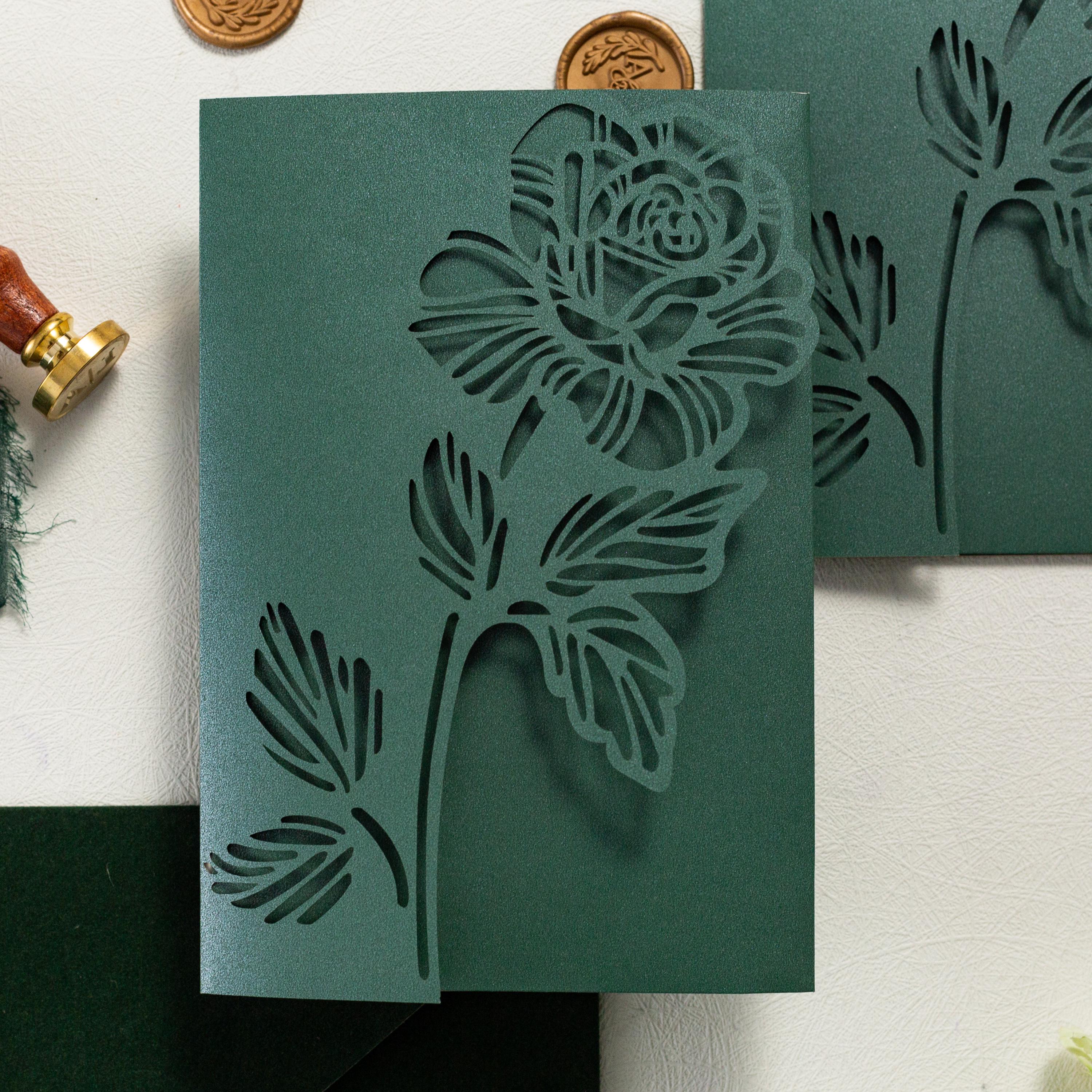 Floral Lasercut Pocketfold Wedding Invitation with Matching Inserts & Personalised Wax Seal with Velvet Envelope thumbnail 2