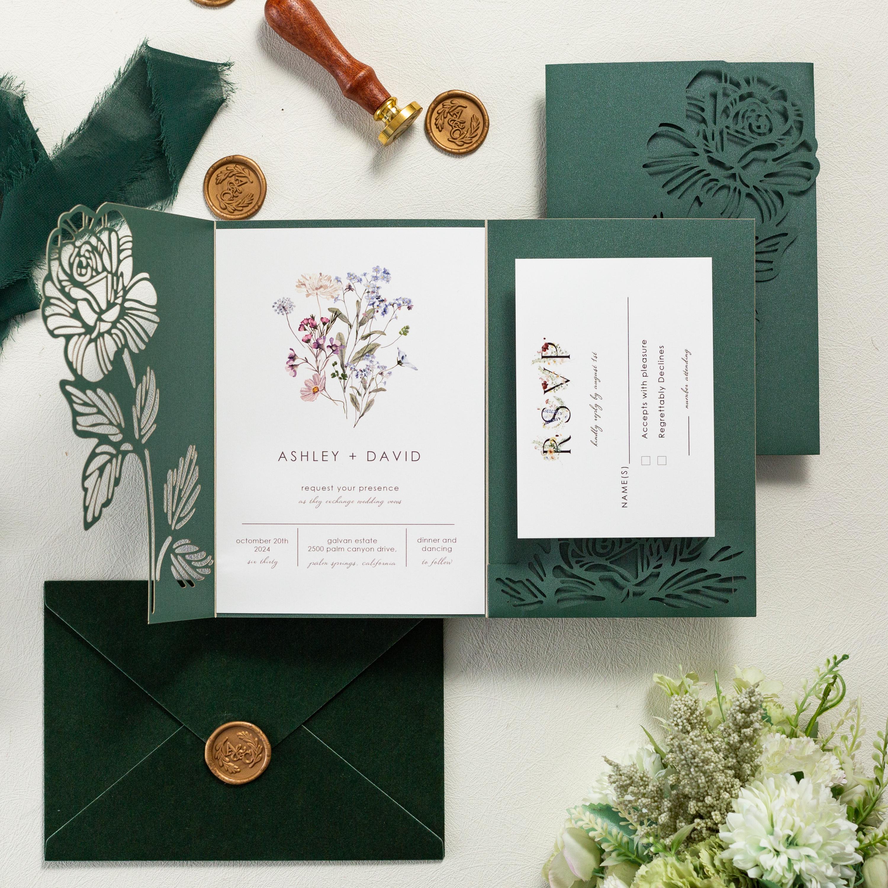 Floral Lasercut Pocketfold Wedding Invitation with Matching Inserts & Personalised Wax Seal with Velvet Envelope thumbnail 3