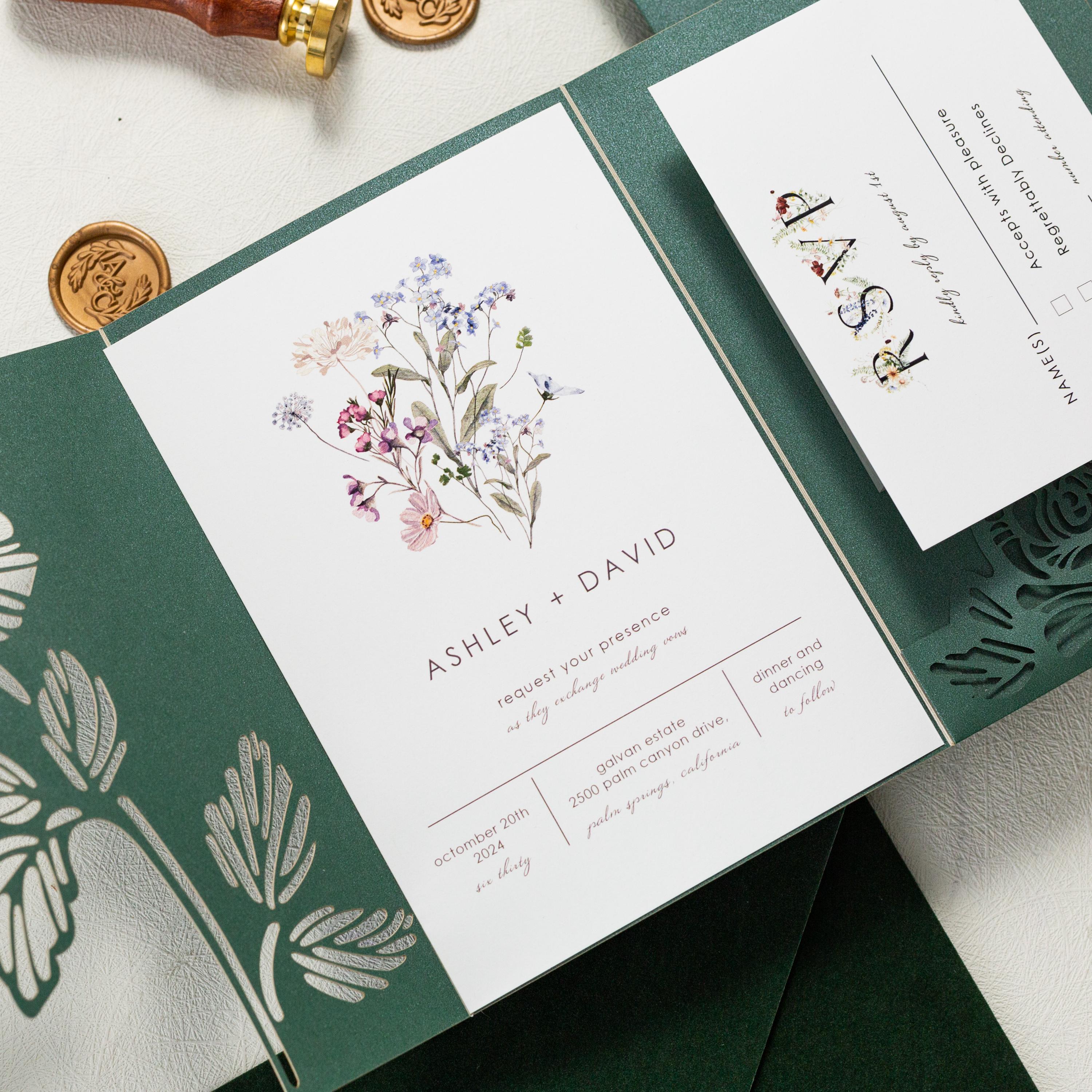 Floral Lasercut Pocketfold Wedding Invitation with Matching Inserts & Personalised Wax Seal with Velvet Envelope thumbnail 4