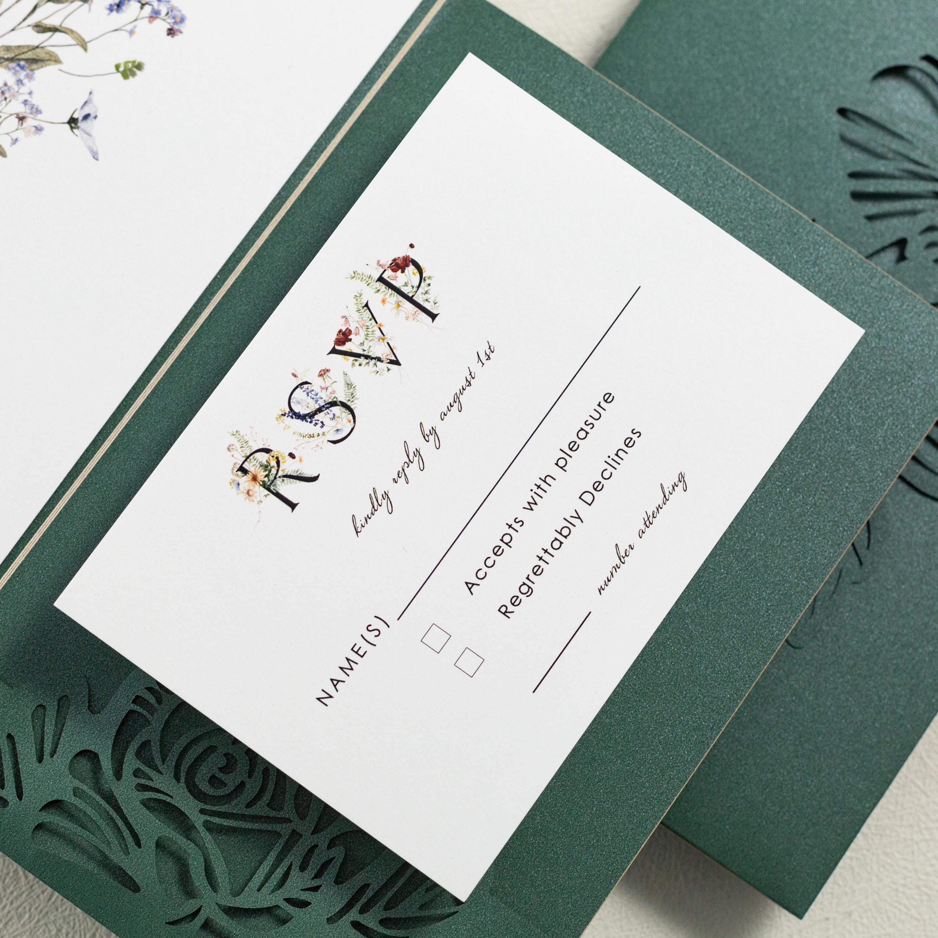 Floral Lasercut Pocketfold Wedding Invitation with Matching Inserts & Personalised Wax Seal with Velvet Envelope thumbnail 5