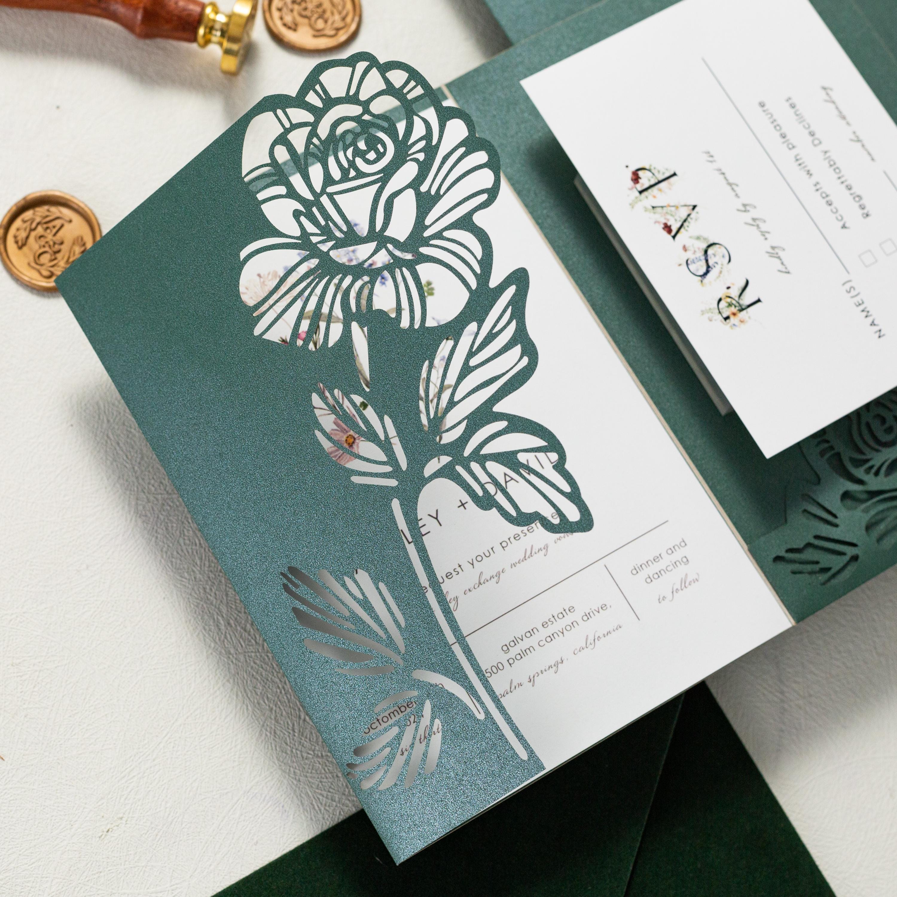 Floral Lasercut Pocketfold Wedding Invitation with Matching Inserts & Personalised Wax Seal with Velvet Envelope thumbnail 6