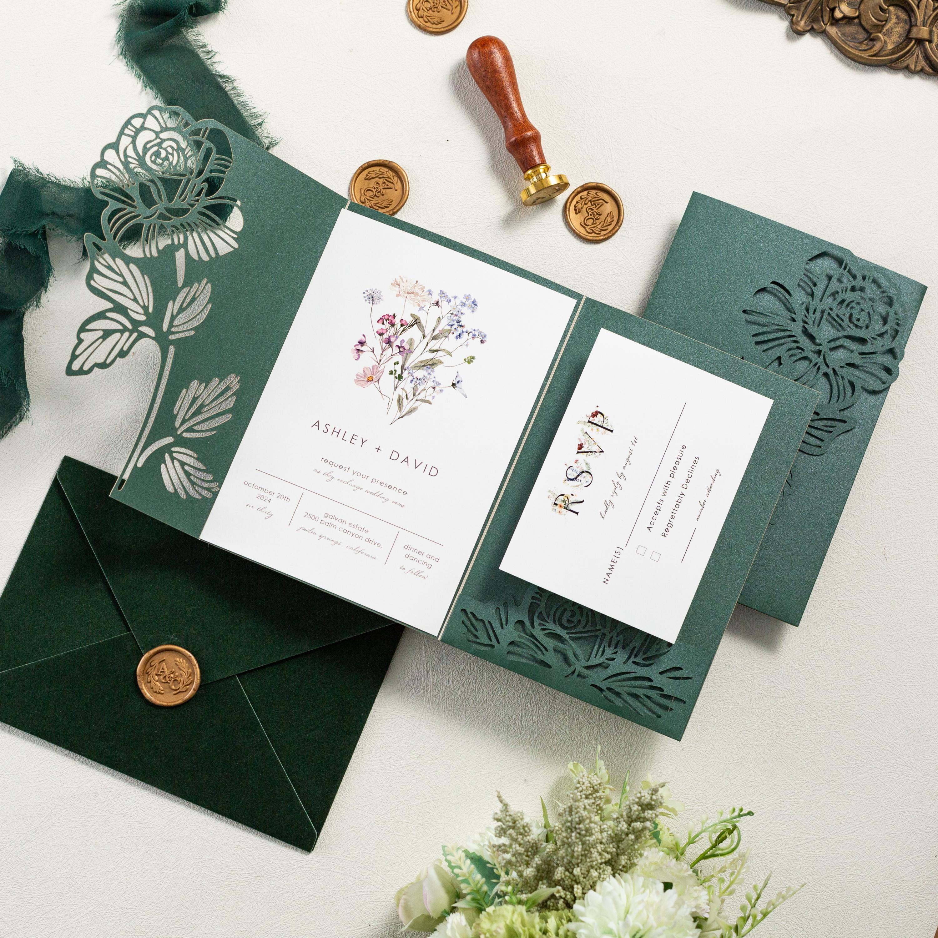 Floral Lasercut Pocketfold Wedding Invitation with Matching Inserts & Personalised Wax Seal with Velvet Envelope thumbnail 7