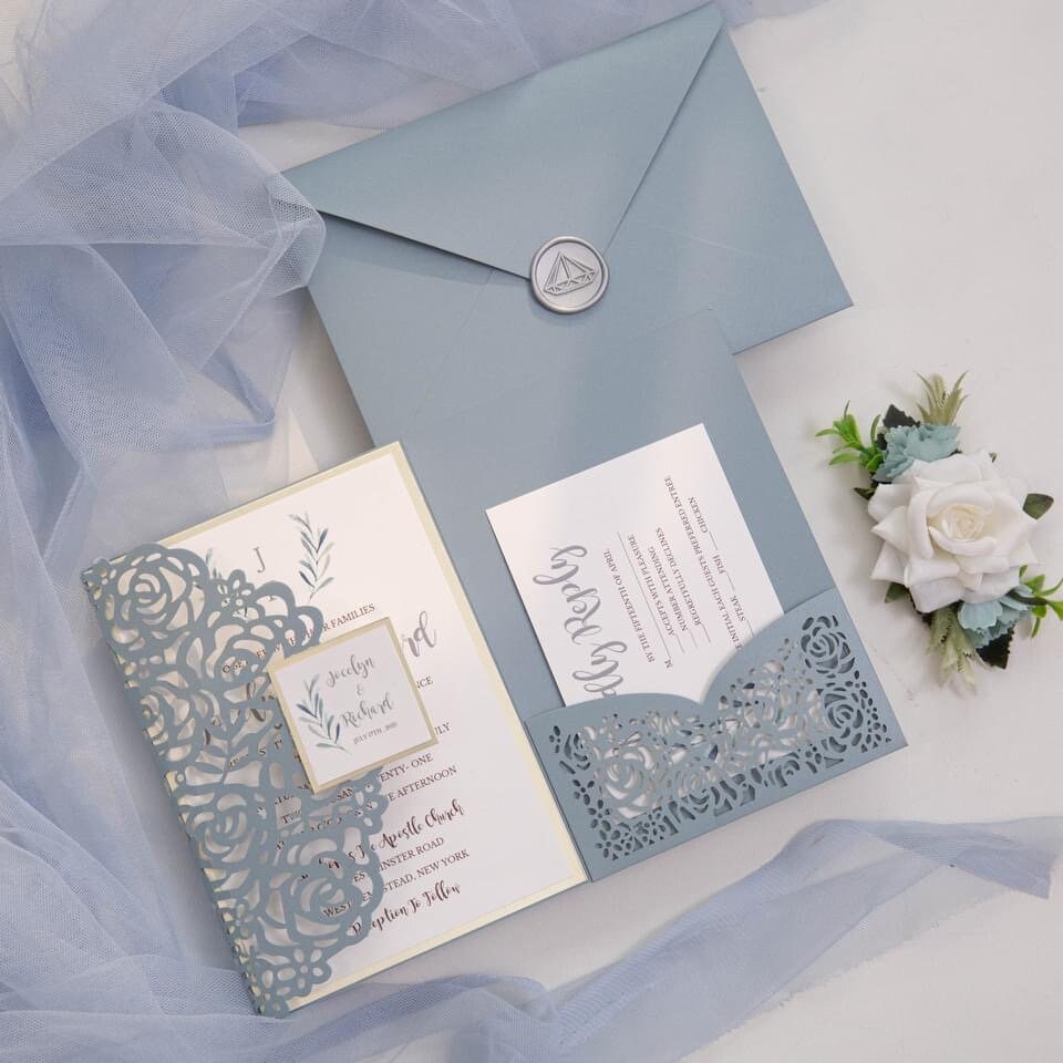 Dusty Blue Rose Lasercut Pocketfold Wedding Invitation with Silver Wax Seal & RSVP Insert thumbnail 2