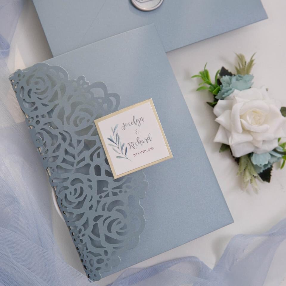 Dusty Blue Rose Lasercut Pocketfold Wedding Invitation with Silver Wax Seal & RSVP Insert thumbnail 3