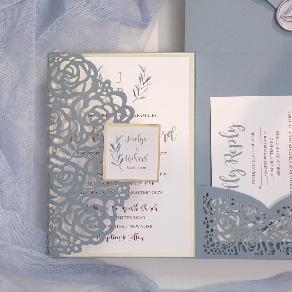 Dusty Blue Rose Lasercut Pocketfold Wedding Invitation with Silver Wax Seal & RSVP Insert thumbnail 4