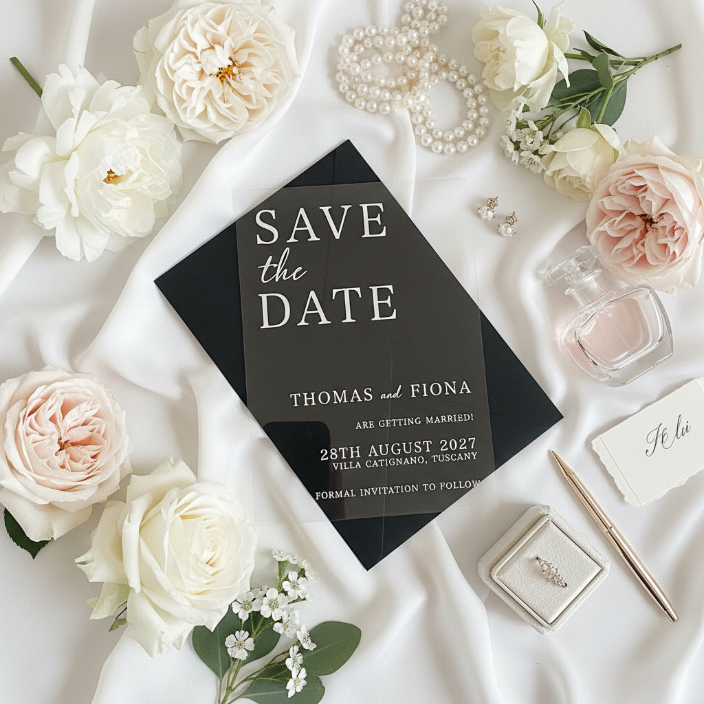 Clear Acrylic Save The Date | Black & White Modern Wedding image 1