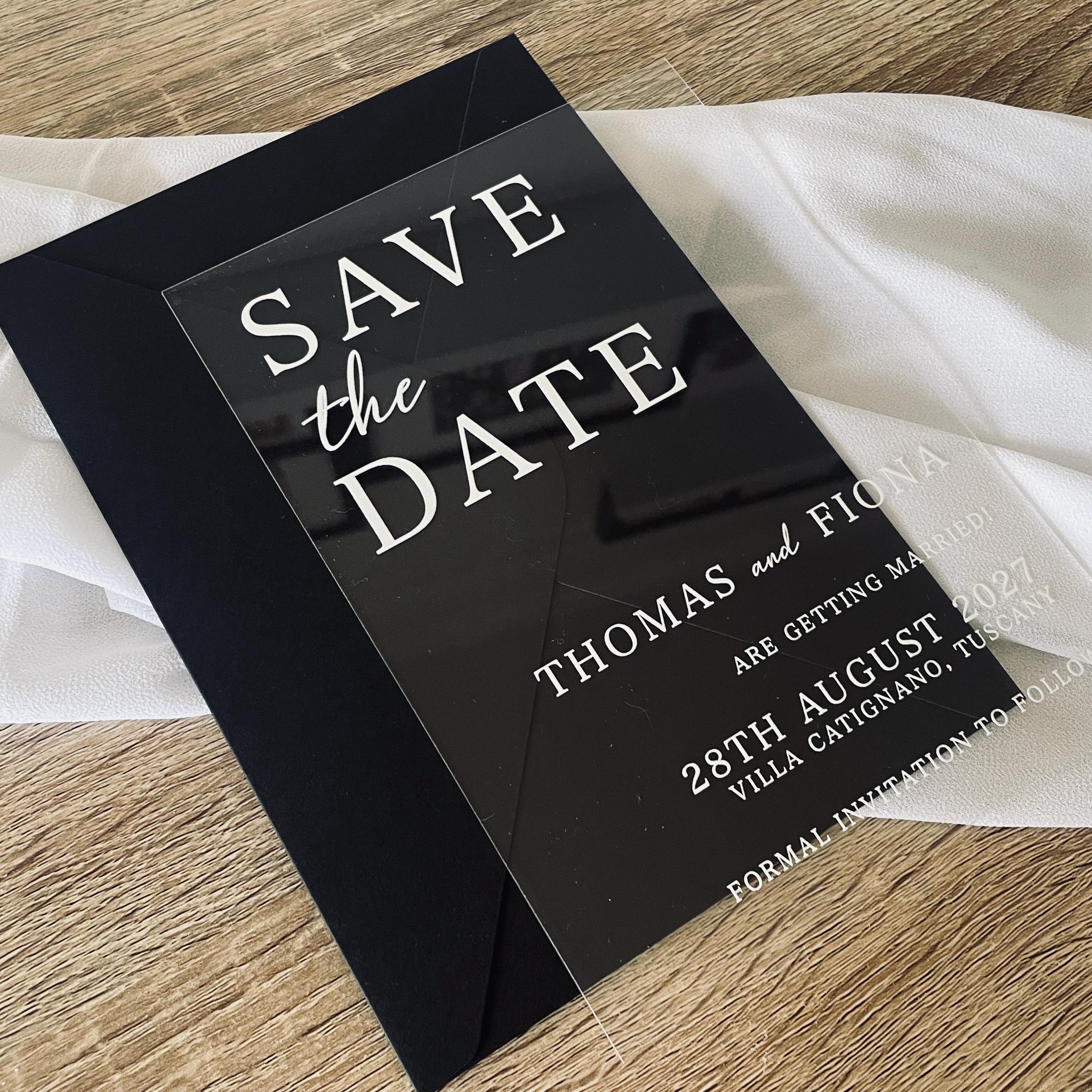 Clear Acrylic Save The Date | Black & White Modern Wedding thumbnail 2