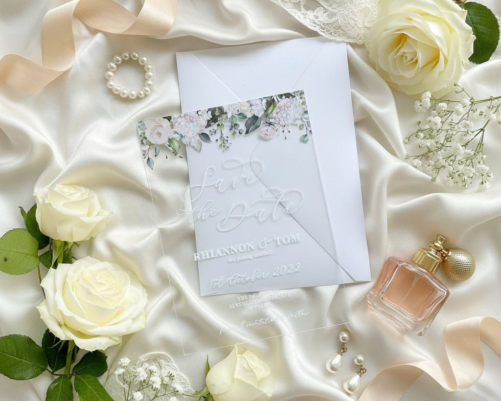 White & Foliage Clear Acrylic Save The Date image 1