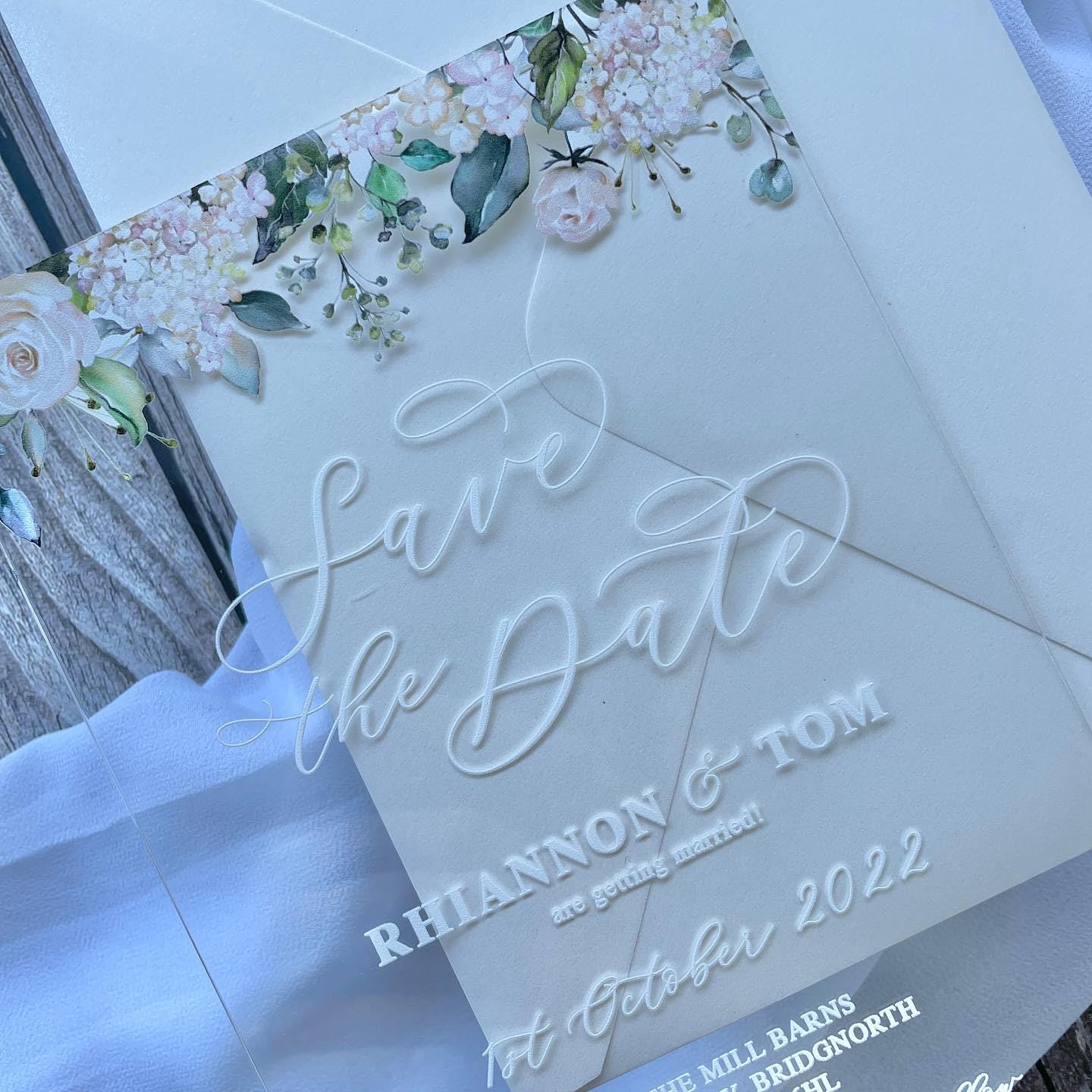 White & Foliage Clear Acrylic Save The Date thumbnail 2
