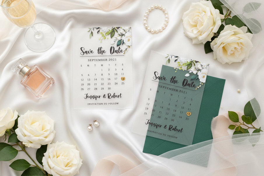 Clear Acrylic Wedding Save The Date: White Florals, Green Envelope image 1