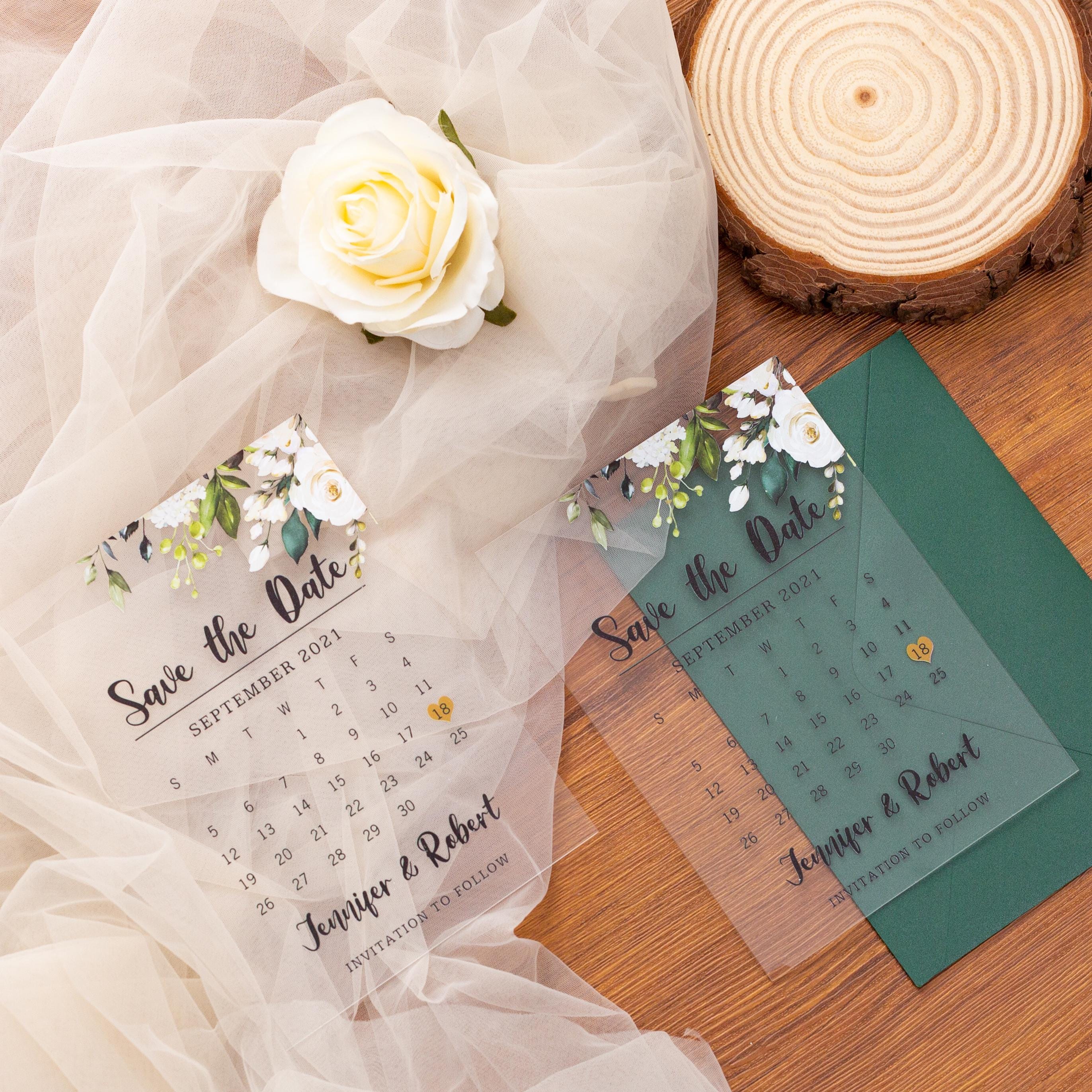 Clear Acrylic Wedding Save The Date: White Florals, Green Envelope thumbnail 2