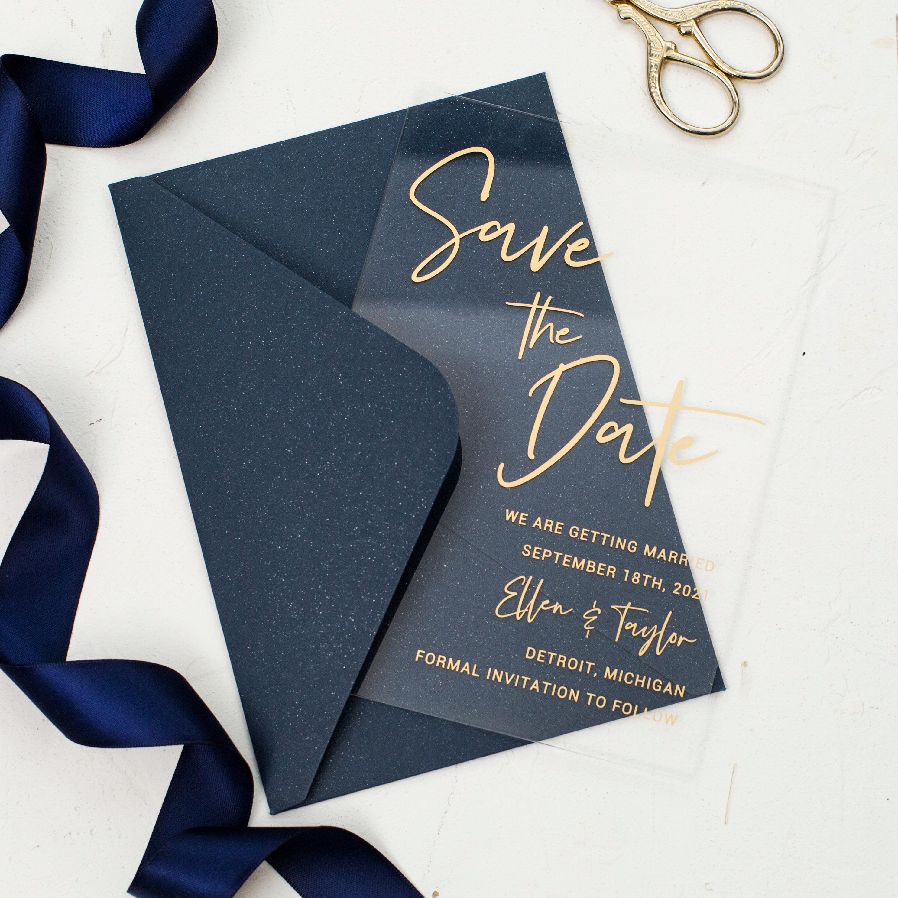 Clear Acrylic Wedding Save The Date | Gold Print, Glitter Navy Envelope thumbnail 2