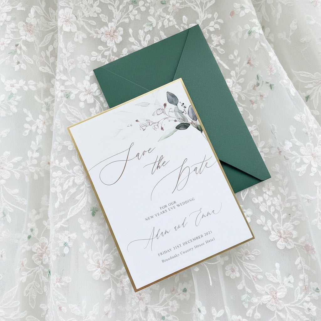 Boho Wedding Save The Date Gold And Emerald Green, Leafy Design with Gold Metallic Trim image 1