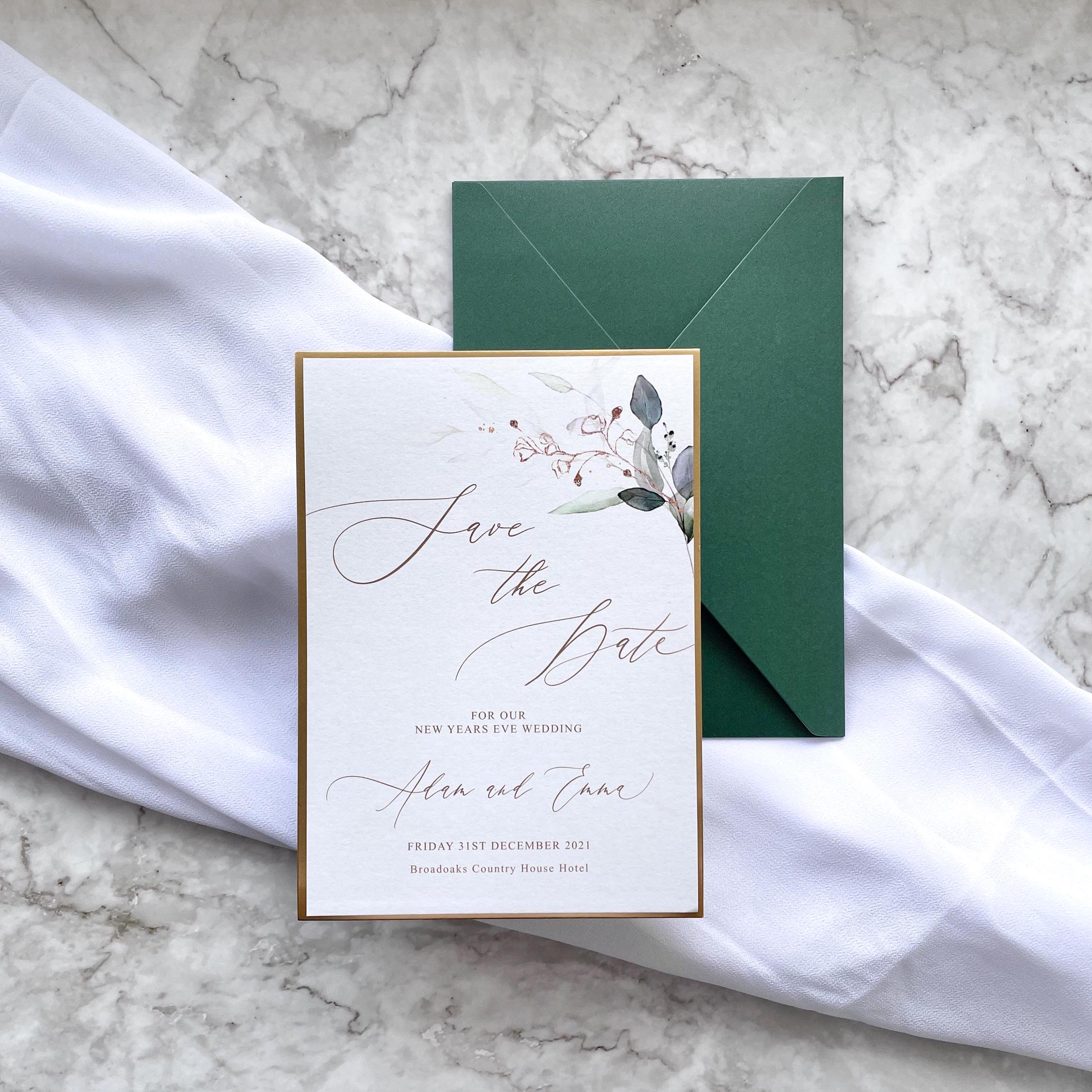 Boho Wedding Save The Date Gold And Emerald Green, Leafy Design with Gold Metallic Trim thumbnail 2