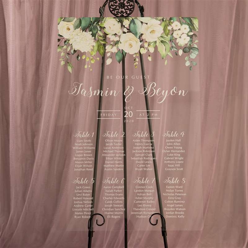 Floral Acrylic Wedding Table Seating Chart, Ivory White image 1