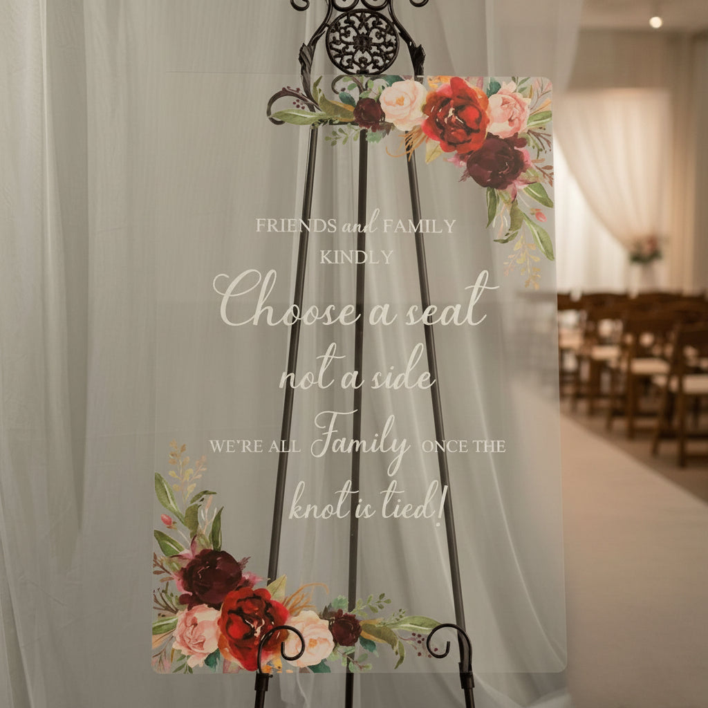 Floral Acrylic Wedding Seating Sign: Choose a Seat, Not a Side image 1