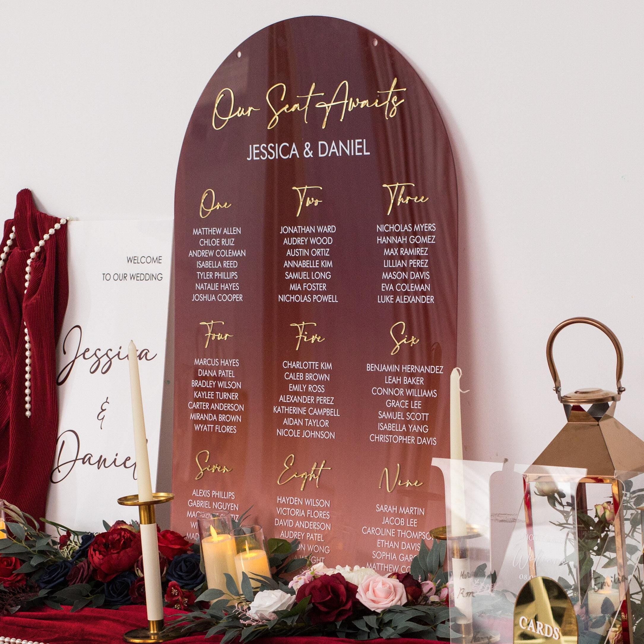Burgundy Red Ombre Acrylic Wedding Table Plan with Gold Acrylic Mirror Lettering thumbnail 2