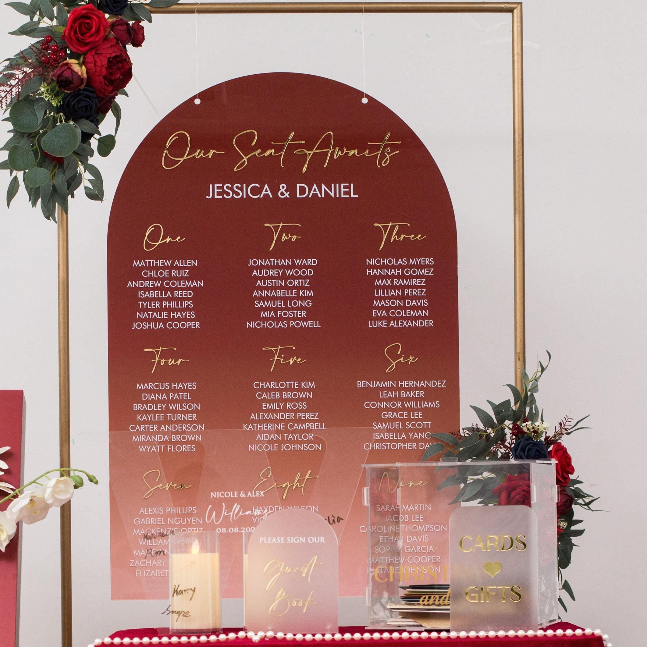 Burgundy Red Ombre Acrylic Wedding Table Plan with Gold Acrylic Mirror Lettering thumbnail 3