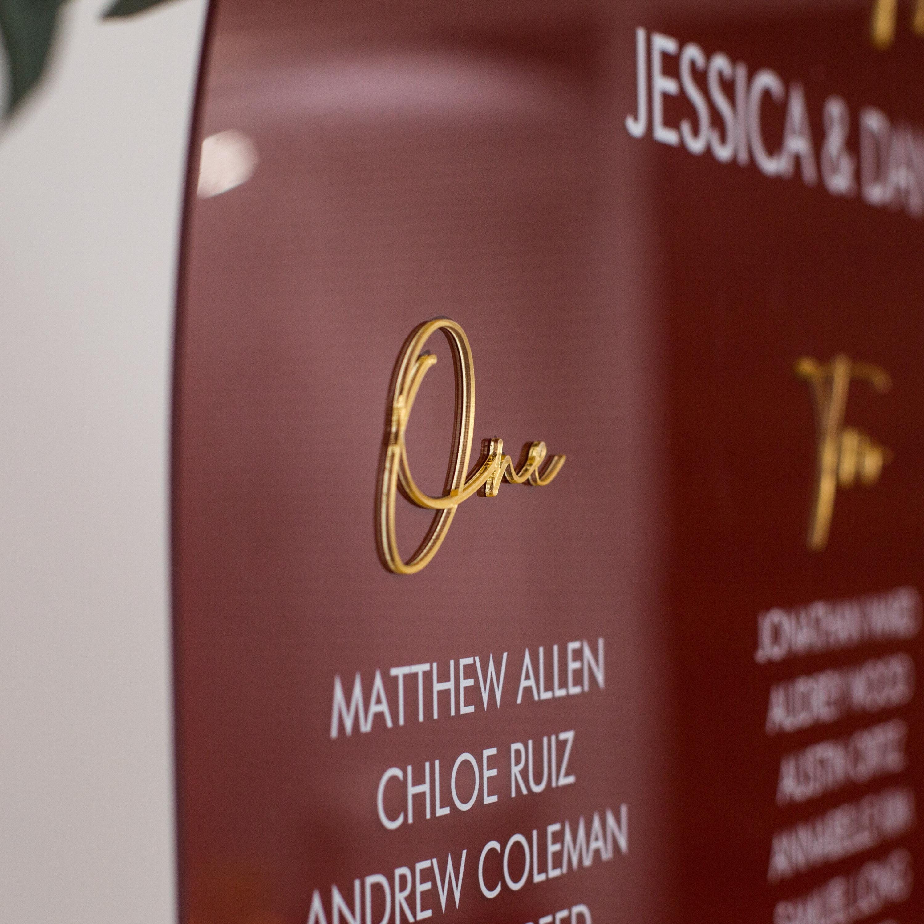 Burgundy Red Ombre Acrylic Wedding Table Plan with Gold Acrylic Mirror Lettering thumbnail 4