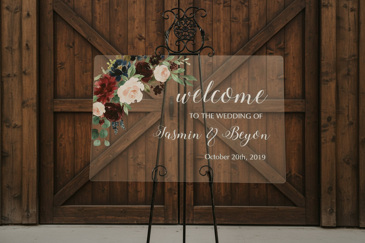 Burgundy Floral Acrylic Wedding Welcome Sign image 1