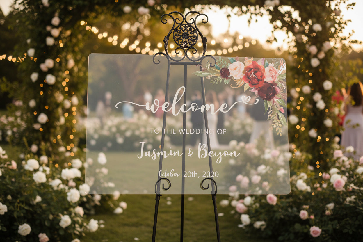 Burgundy Floral Acrylic Wedding Welcome Sign image 1