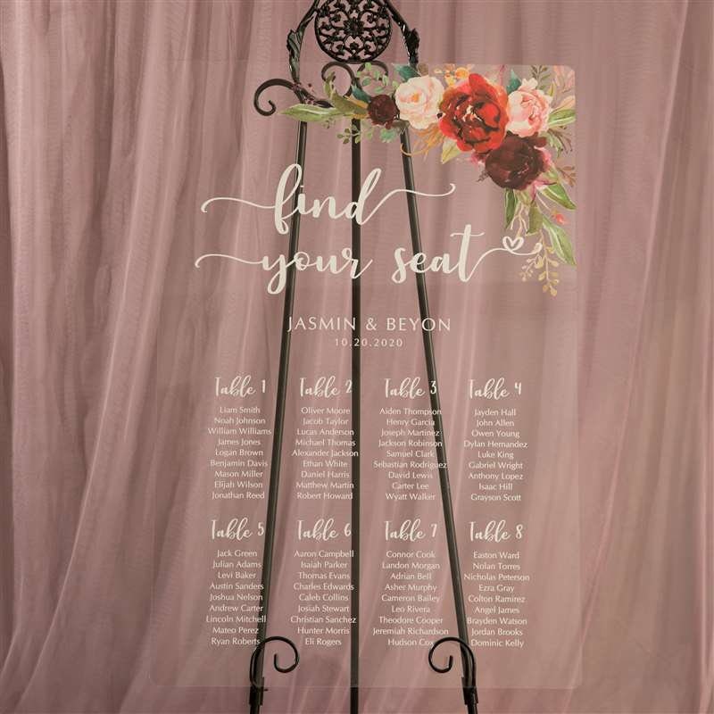 Burgundy Floral Acrylic Wedding Seating Plan Sign image 1