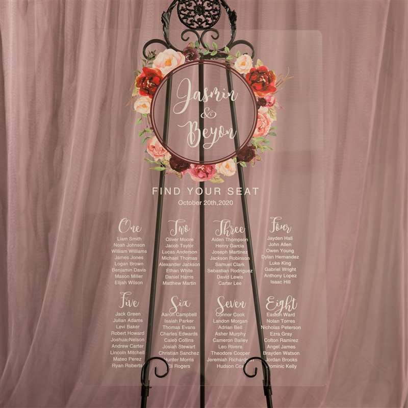 Burgundy Floral Acrylic Wedding Seating Chart, Calligraphy Sign image 1