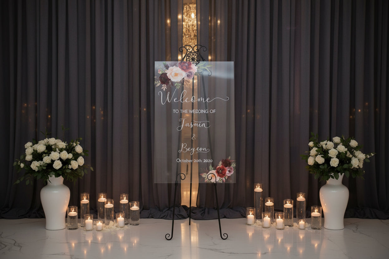 Burgundy & Blush Floral Acrylic Wedding Welcome Sign image 1