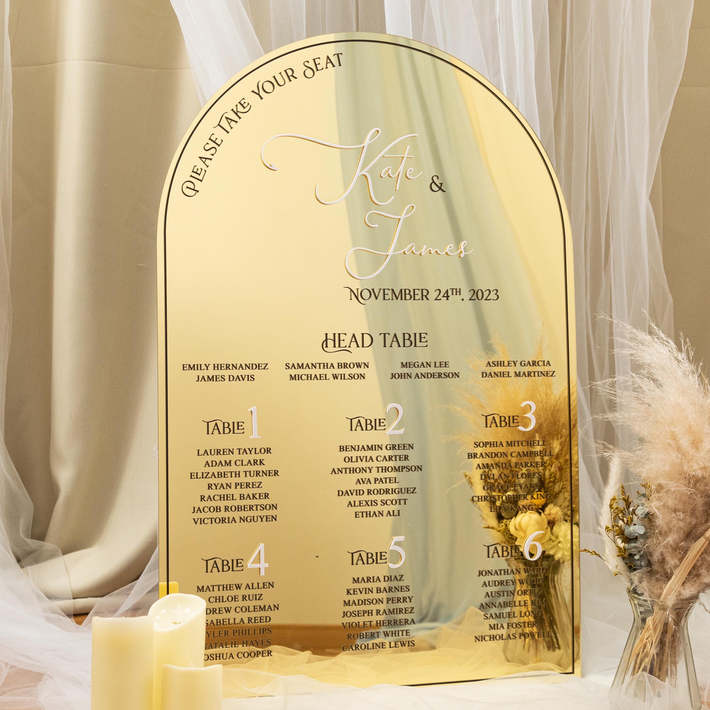 Arch Gold Mirrored Acrylic Wedding Table Plan with White Acrylic 3D Lettering image 1