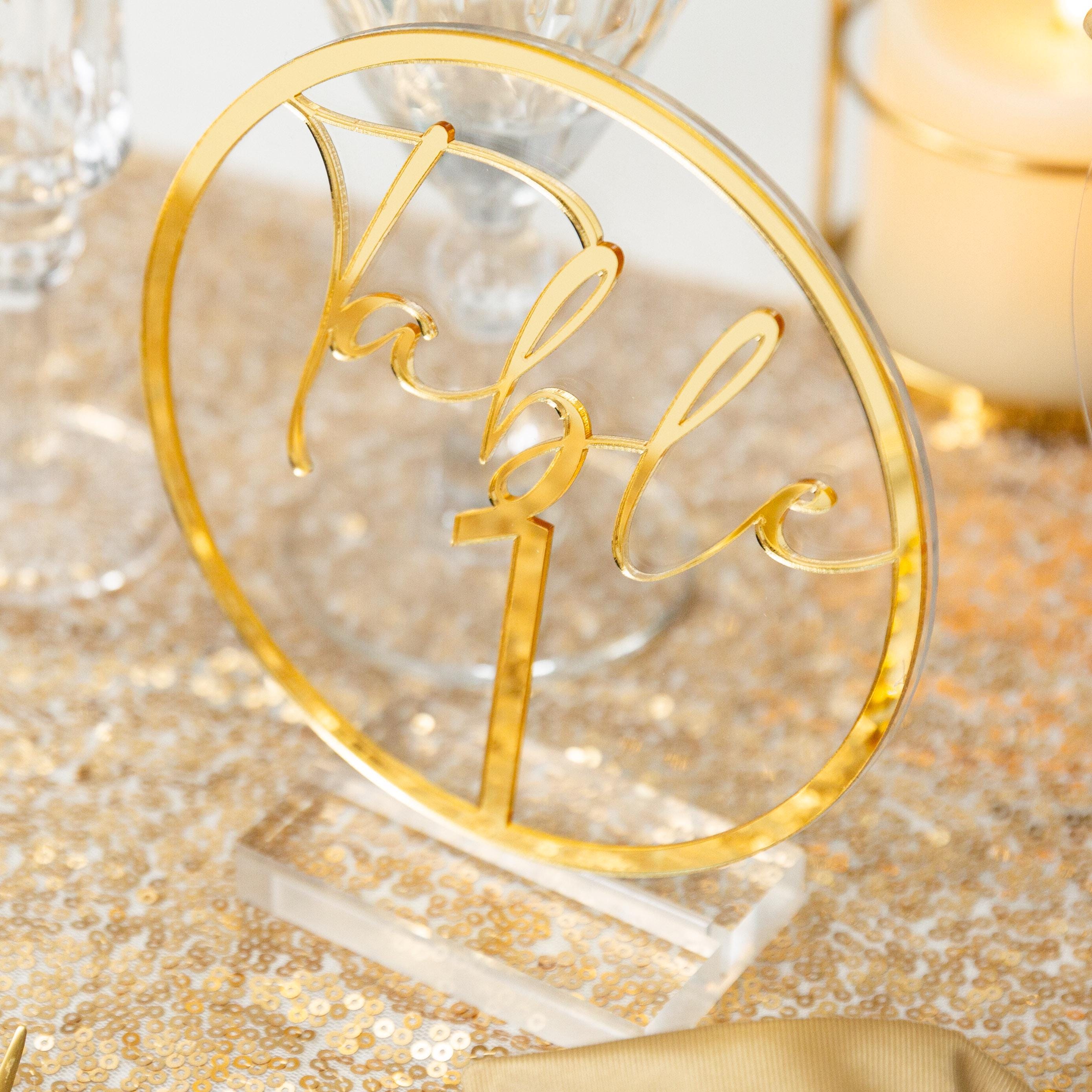Gold Mirror Acrylic Wedding Table Number, Clear Circle Sign image 1