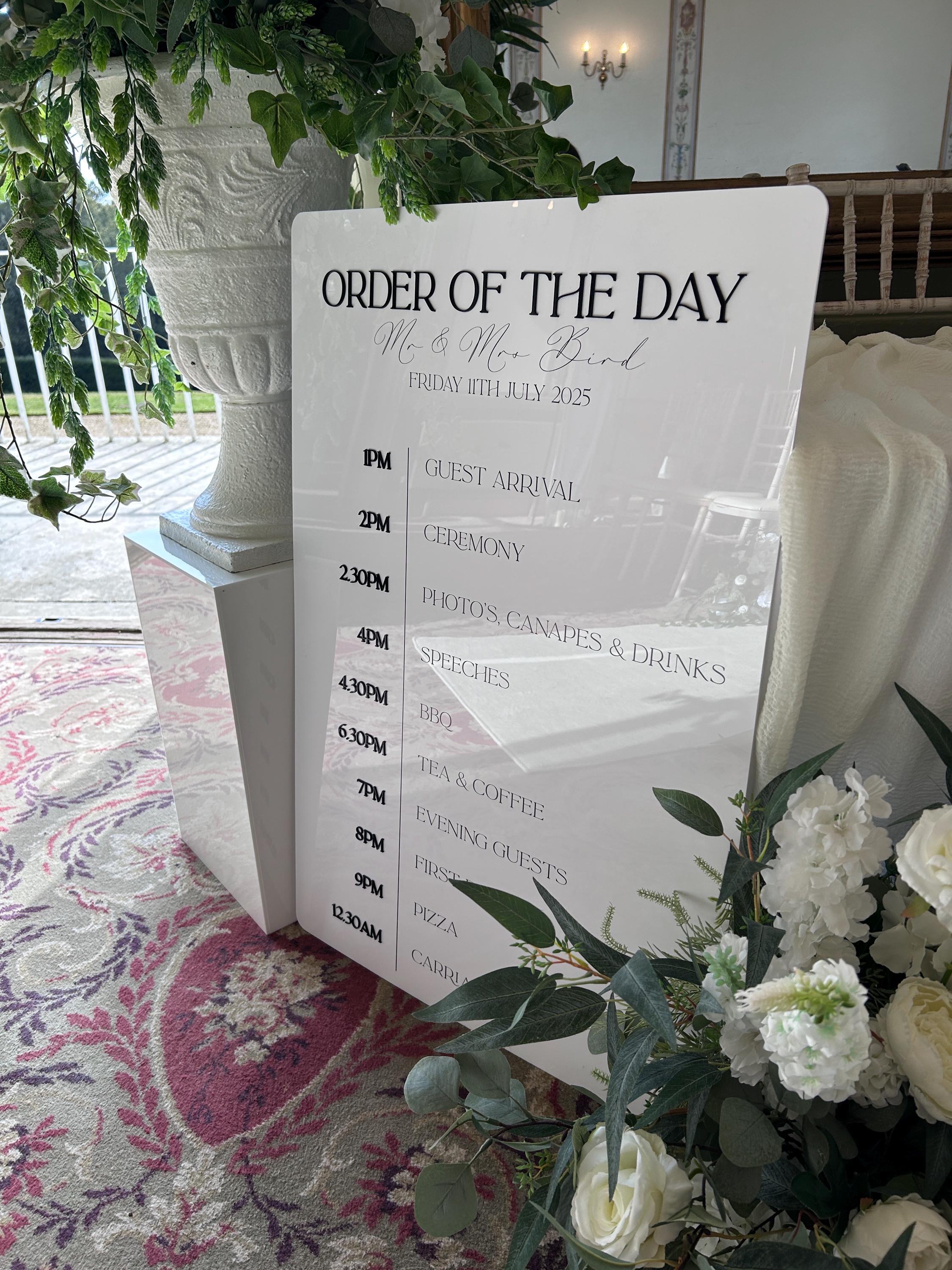 Monochrome Modern Black and White Wedding Order of the Day Signage with 3D Lettering image 1