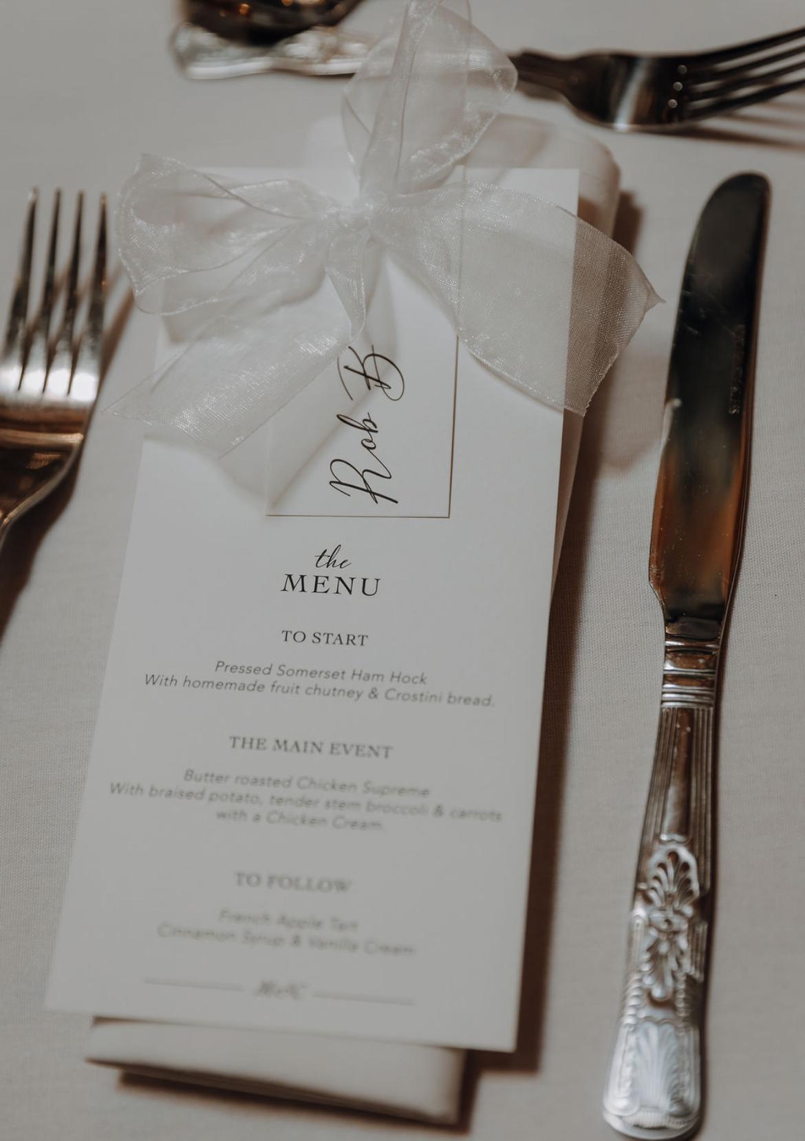 Modern Wedding Menu with Chiffon Bow & Guest Name image 1