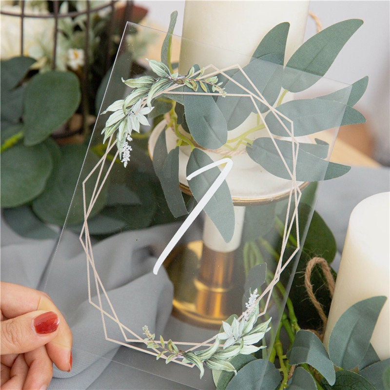 Geometric Eucalyptus Acrylic Wedding Table Number, Boho Foliage image 1
