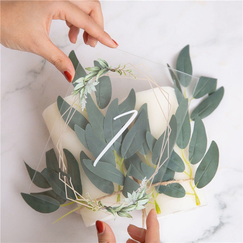 Geometric Eucalyptus Acrylic Wedding Table Number, Boho Foliage thumbnail 5