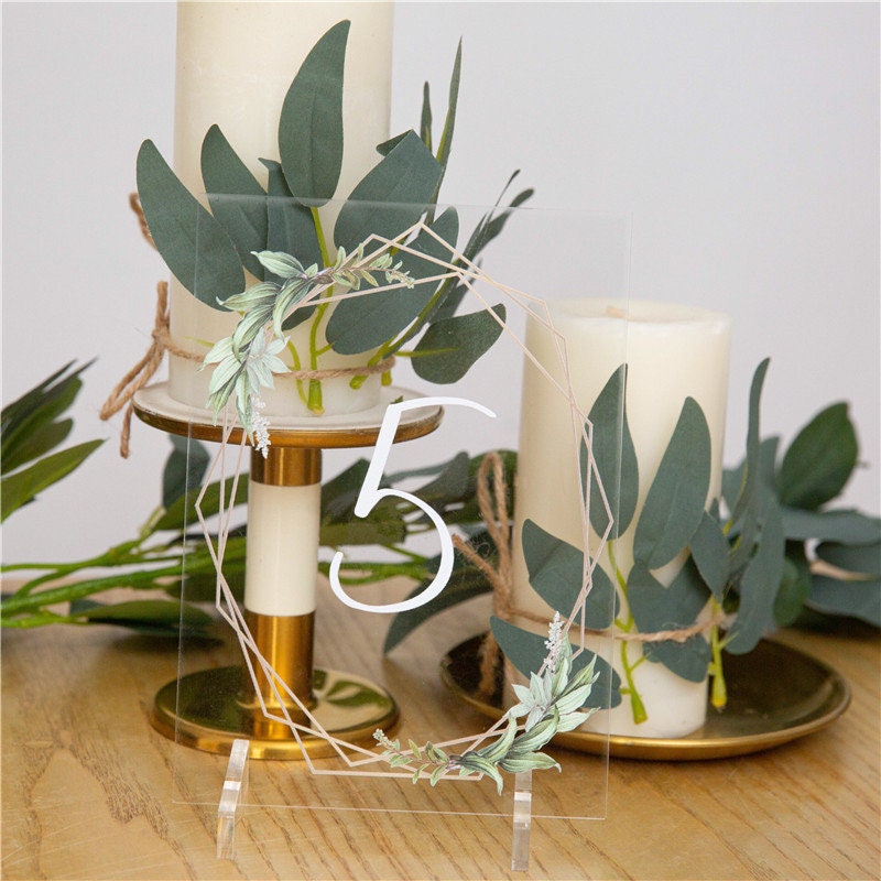 Geometric Eucalyptus Acrylic Wedding Table Number, Boho Foliage thumbnail 6