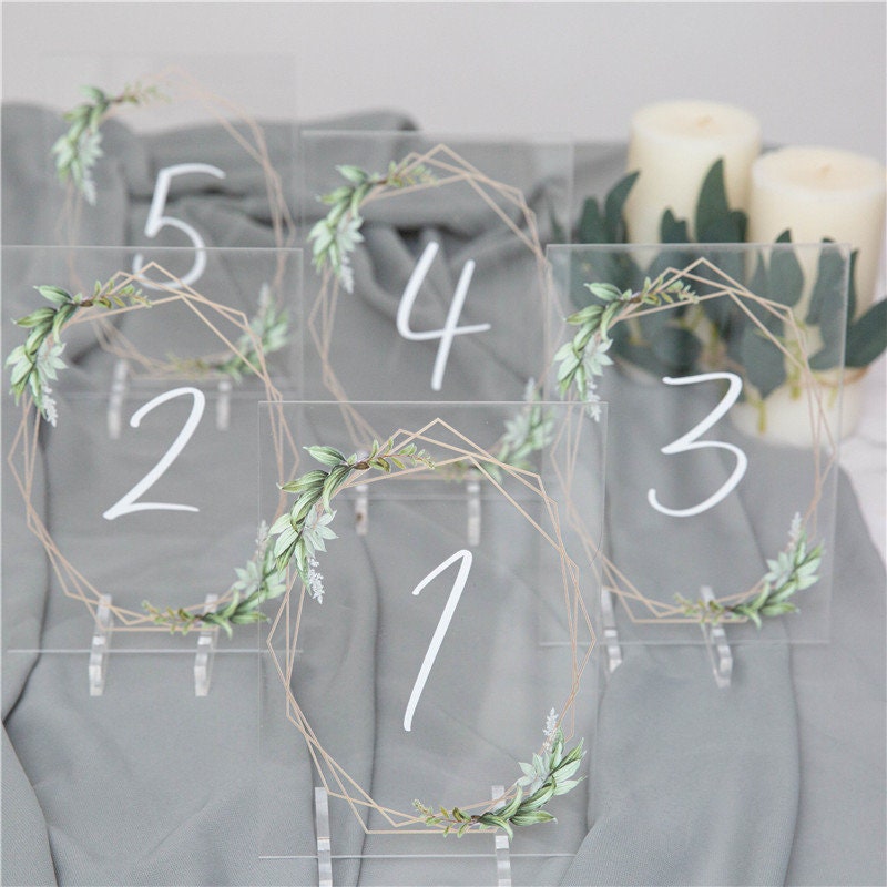 Geometric Eucalyptus Acrylic Wedding Table Number, Boho Foliage thumbnail 7