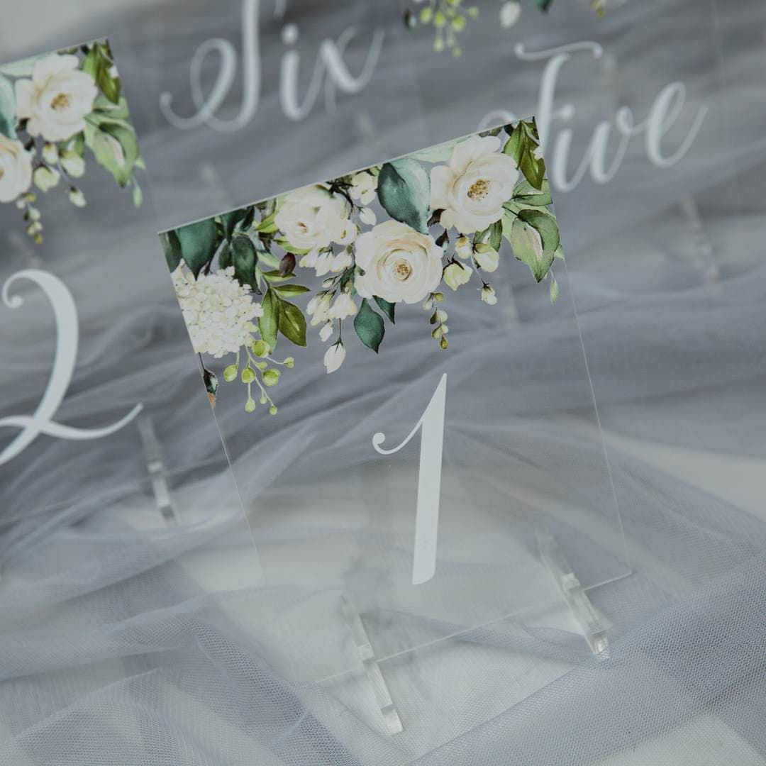 White & Foliage Floral Acrylic Table Numbers thumbnail 3