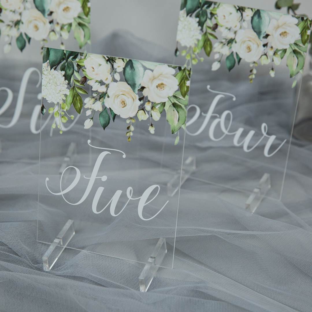 White & Foliage Floral Acrylic Table Numbers thumbnail 4