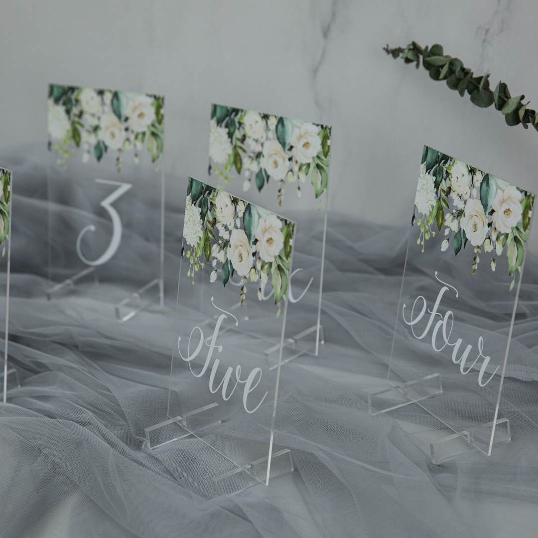 White & Foliage Floral Acrylic Table Numbers thumbnail 5