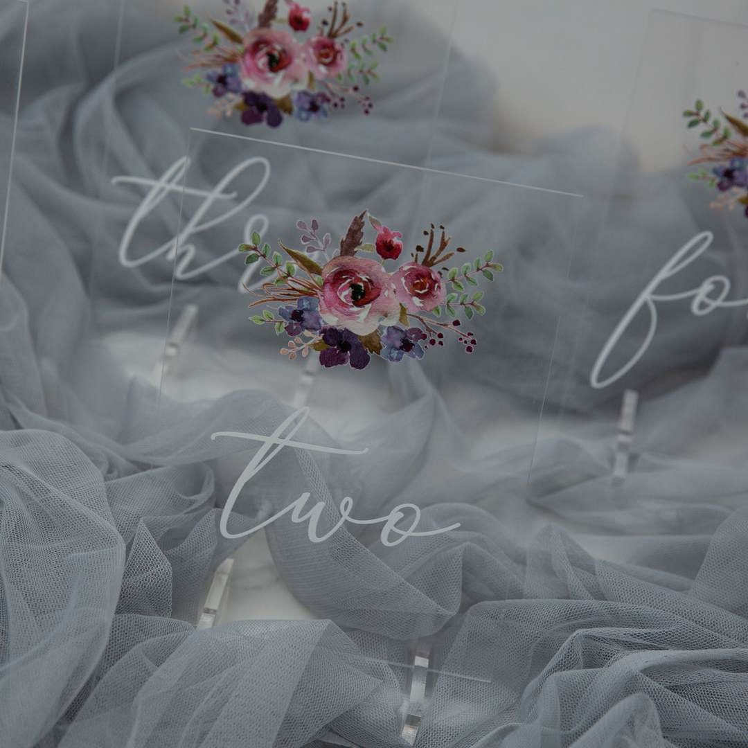Floral Acrylic Wedding Table Number, Painted Purple & Pink thumbnail 2